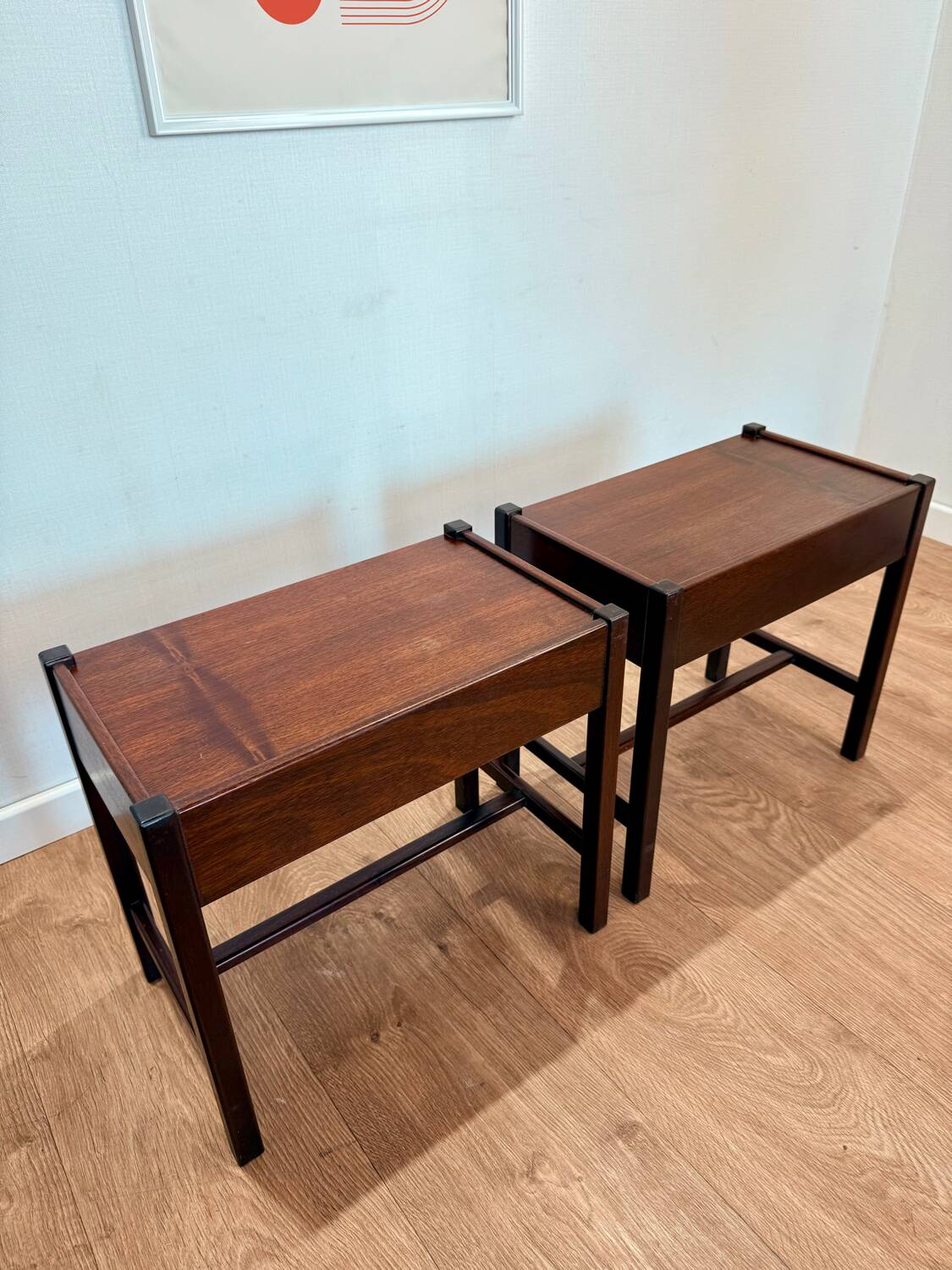 Pair of walnut bedside tables designed by Jacques Hauville for Roche Bobois.