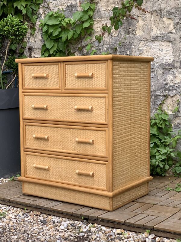 Commode vintage en rotin et osier tressé 1970