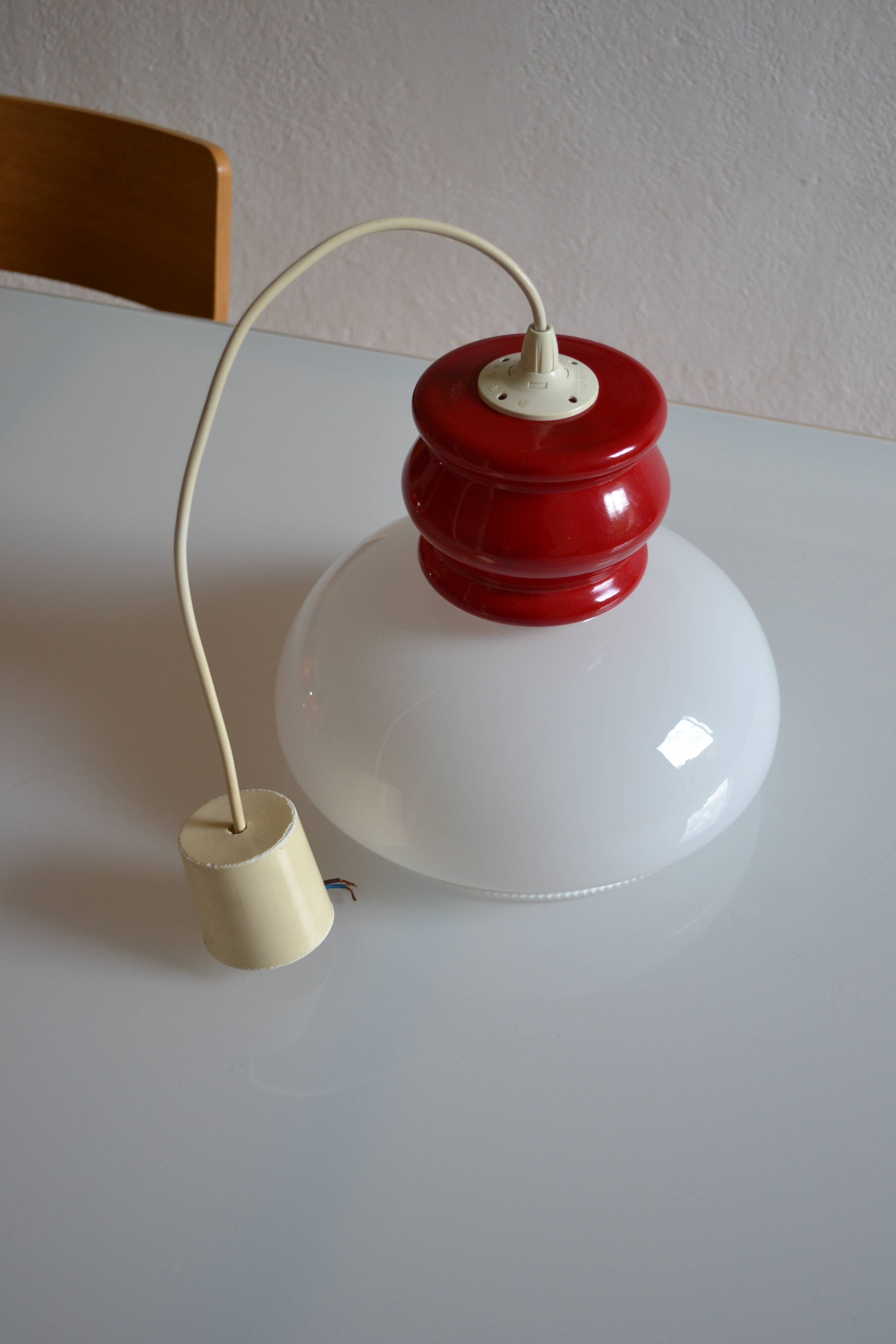 White and red opaline glass chandelier vintage 1970 space age