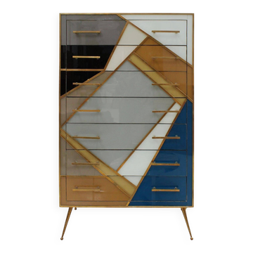 Vintage Italian Chest of Drawers With Wood, Colored Glass and Brass Profiles