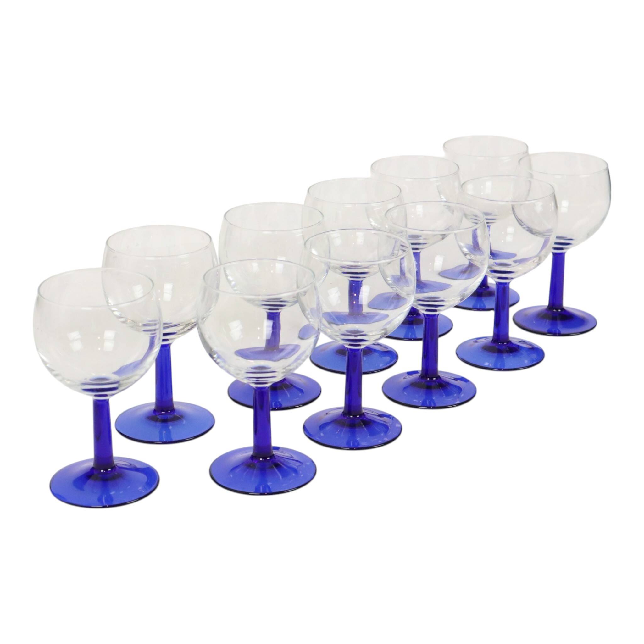 Set of Arcoroc Wine Glasses Cobalt Blue Base France 1980s