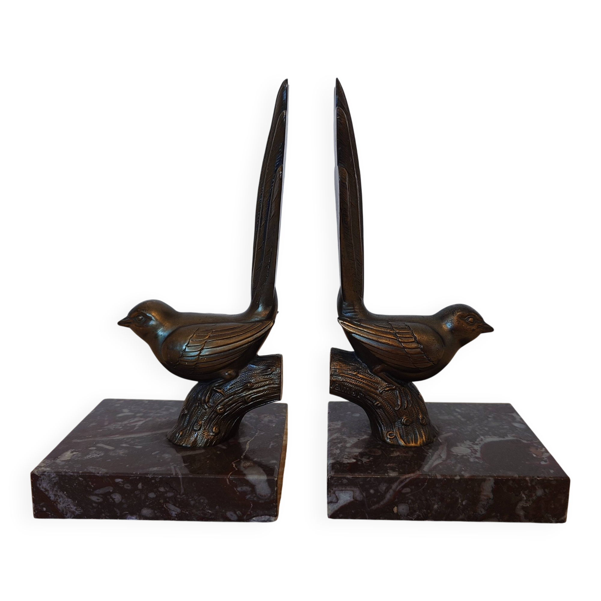 Art Deco bookends signed Jamar – birds in spelter on marble