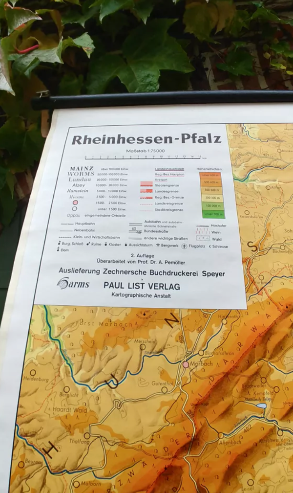 Carte géographique du district de Hesse rhénane et Palatinat 215 cm