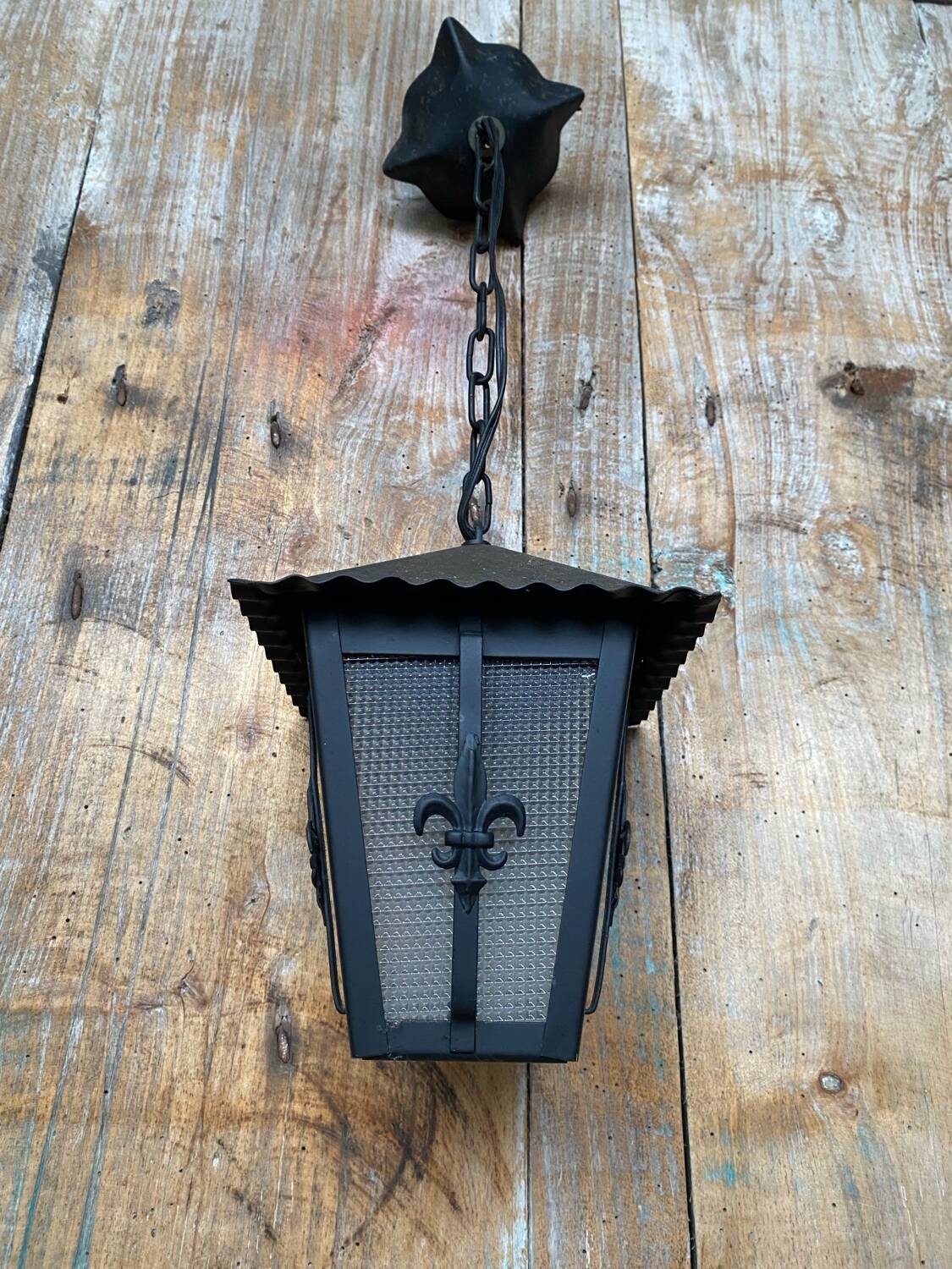 Antique black metal lantern pendant + glass fleur de lys decor vintage
