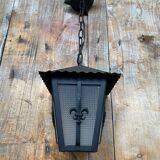 Antique black metal lantern pendant + glass fleur de lys decor vintage