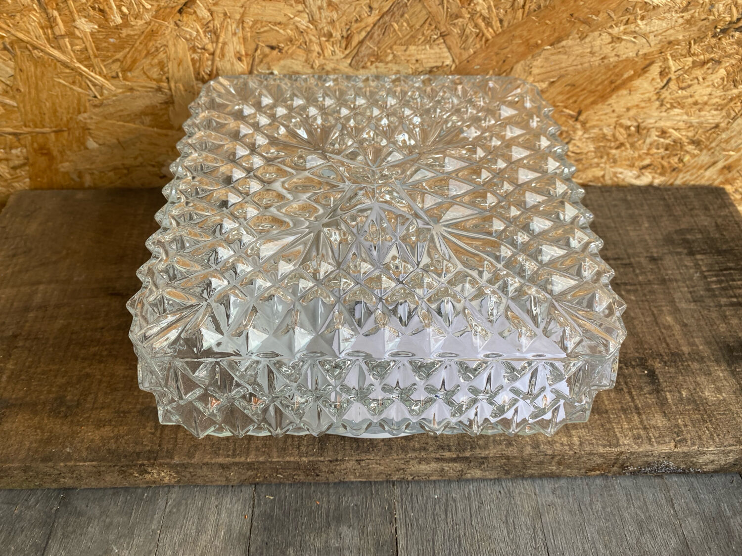 Square Ceiling Light Fixture, Vintage Moulded Glass + White Metal Support #