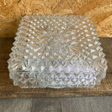 Square Ceiling Light Fixture, Vintage Moulded Glass + White Metal Support #