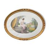 Painting (Art Deco, circa 1930) "Elegant to the fan and roses" signed André