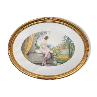 Painting (Art Deco, circa 1930) "Elegant to the fan and roses" signed André