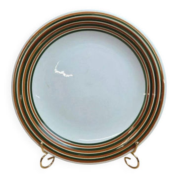 Round plate from Sarreguemines hand-painted – green and brown striped decoration.