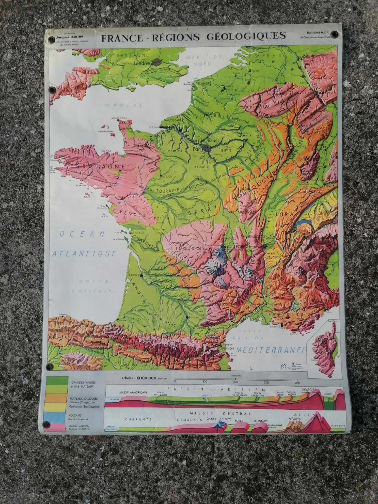 Old MDI map France geology and relief J.Bertin.