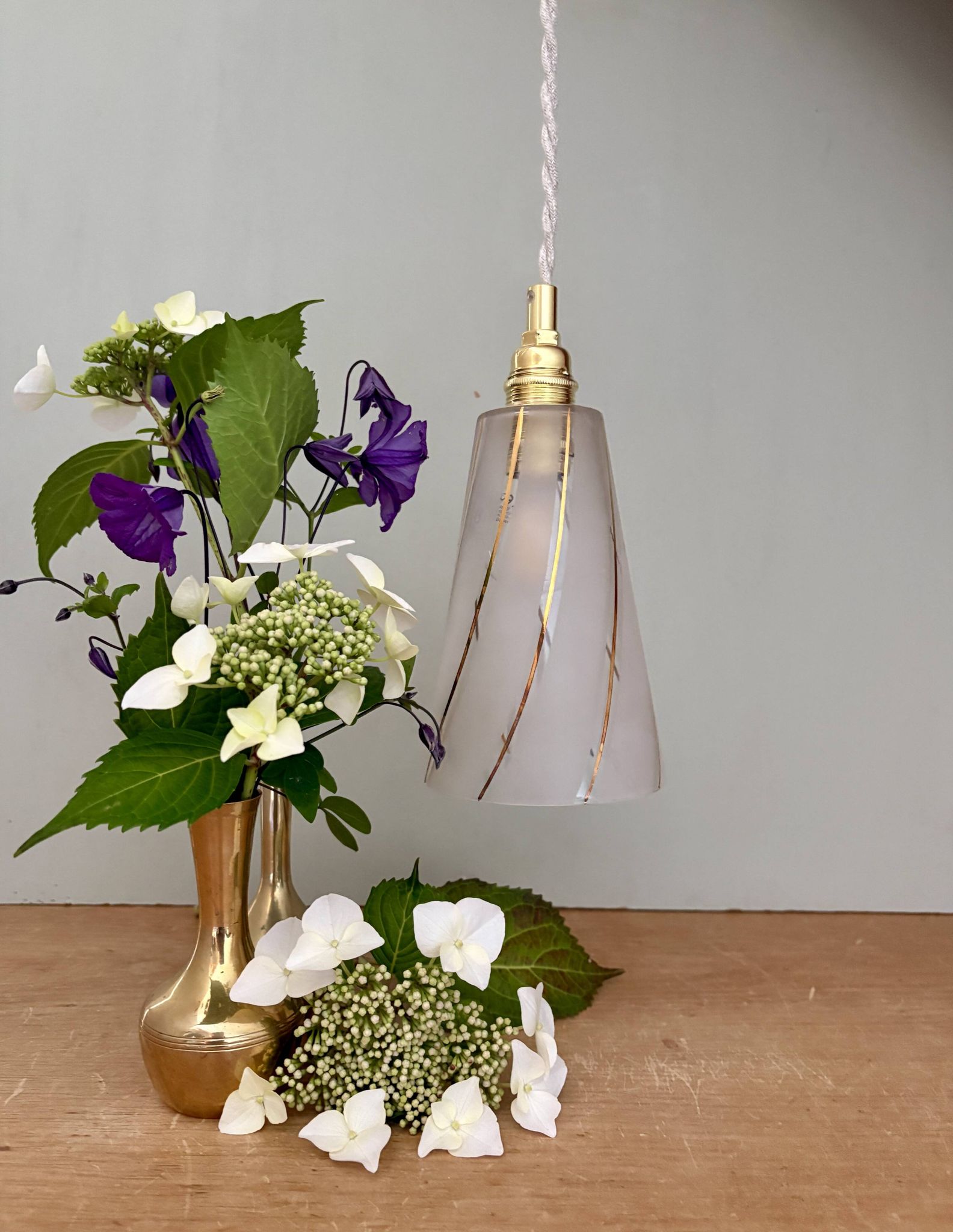 Vintage tulip pendant light in white frosted glass and gold trim