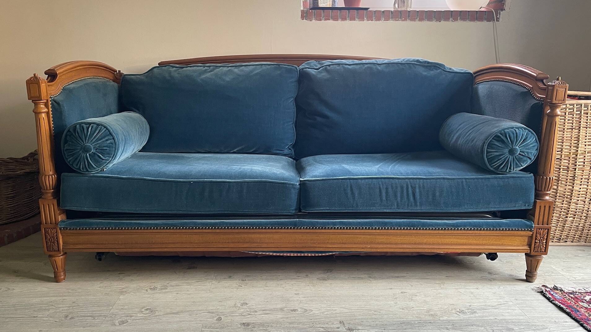 Jean Roche Vintage Wood and Velvet Sofa