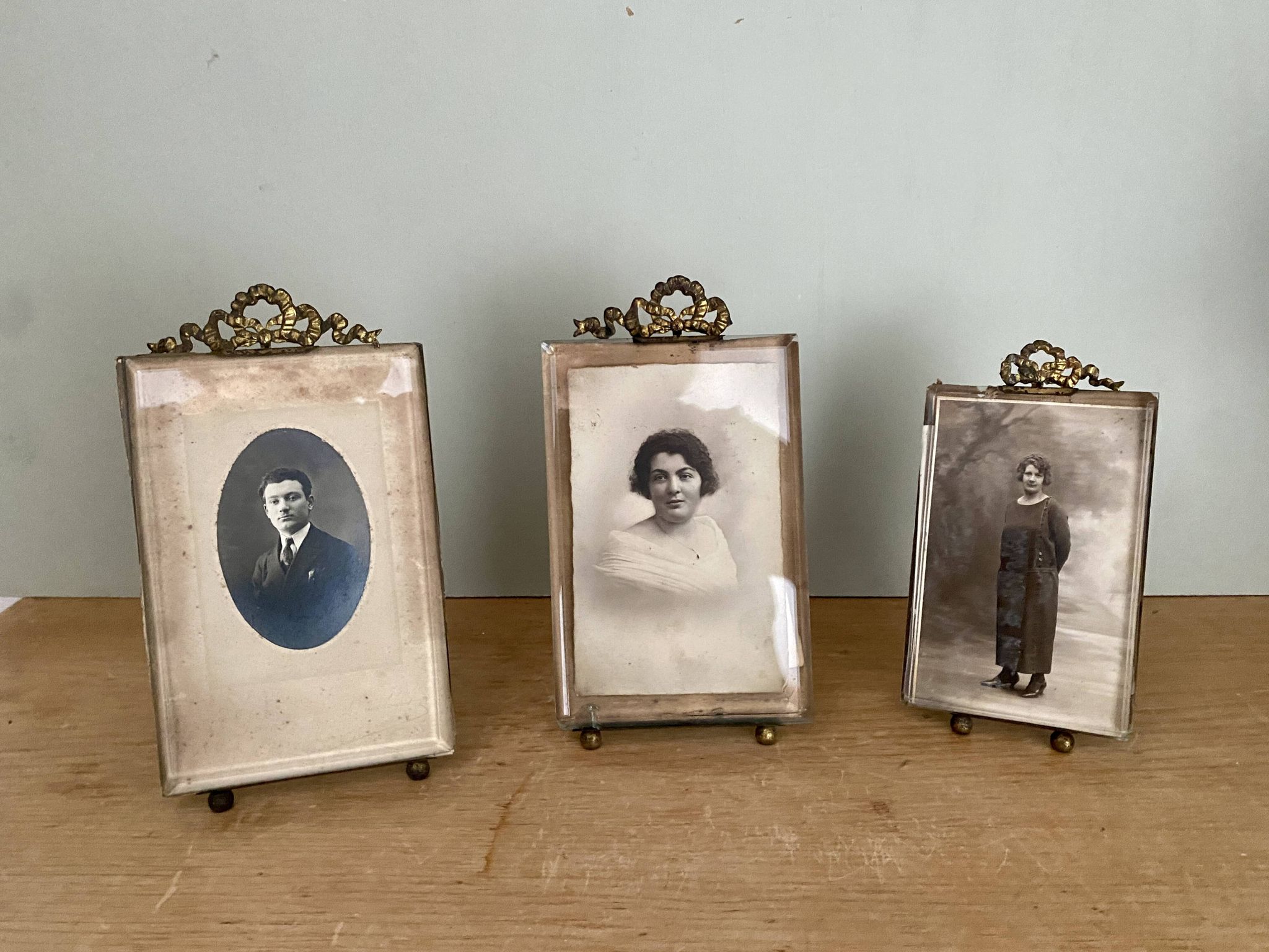Set of 3 old art deco frames in beveled glass and brass