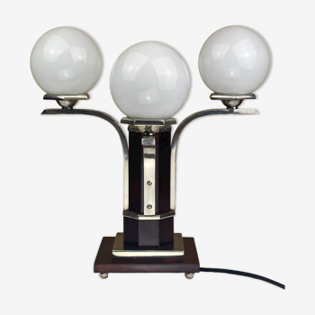 Lampe de table Art Déco moderniste en acajou « argent » 4 sphères, années 1950