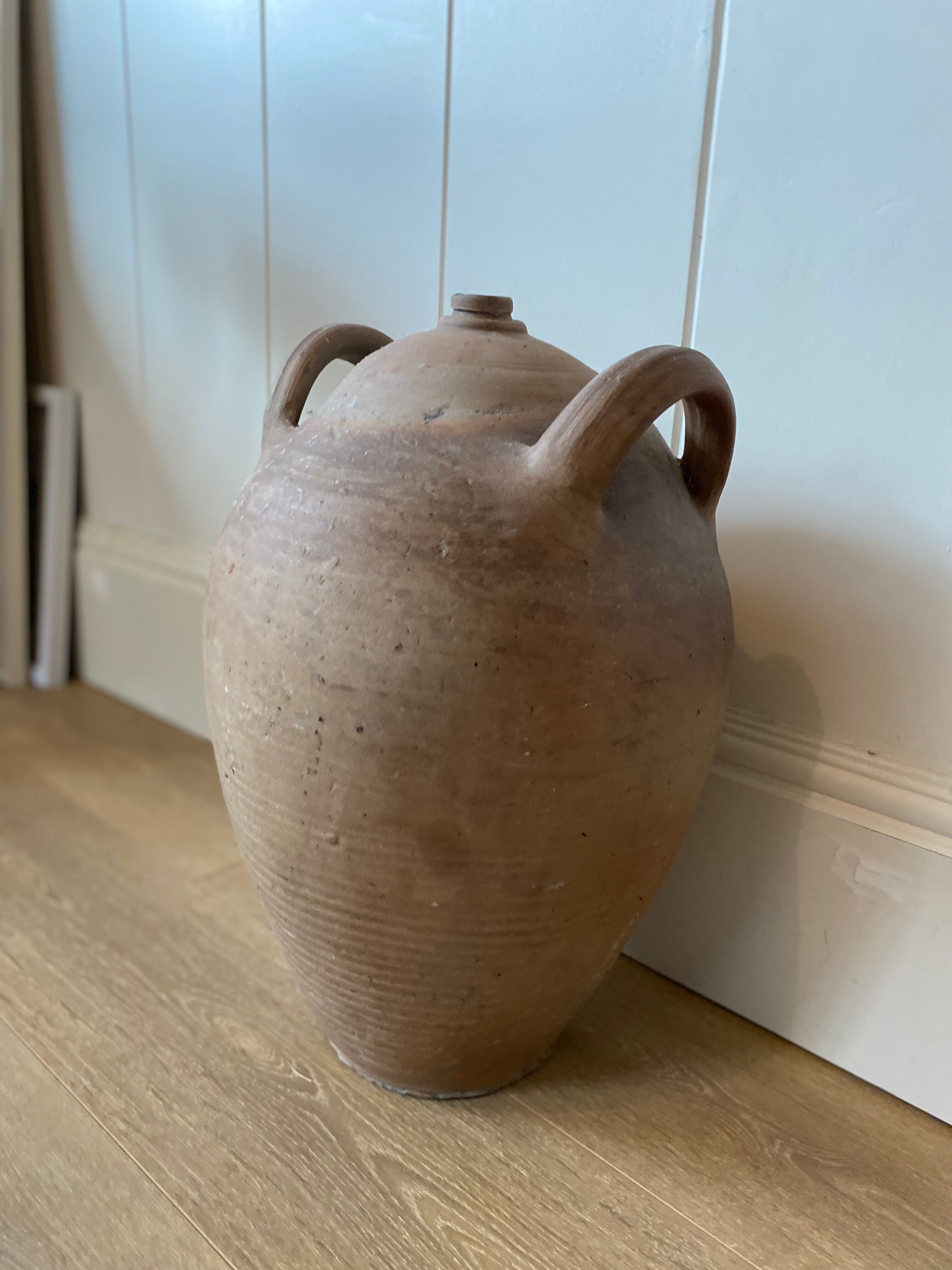 Antique french country rustic walnut oil storage jar