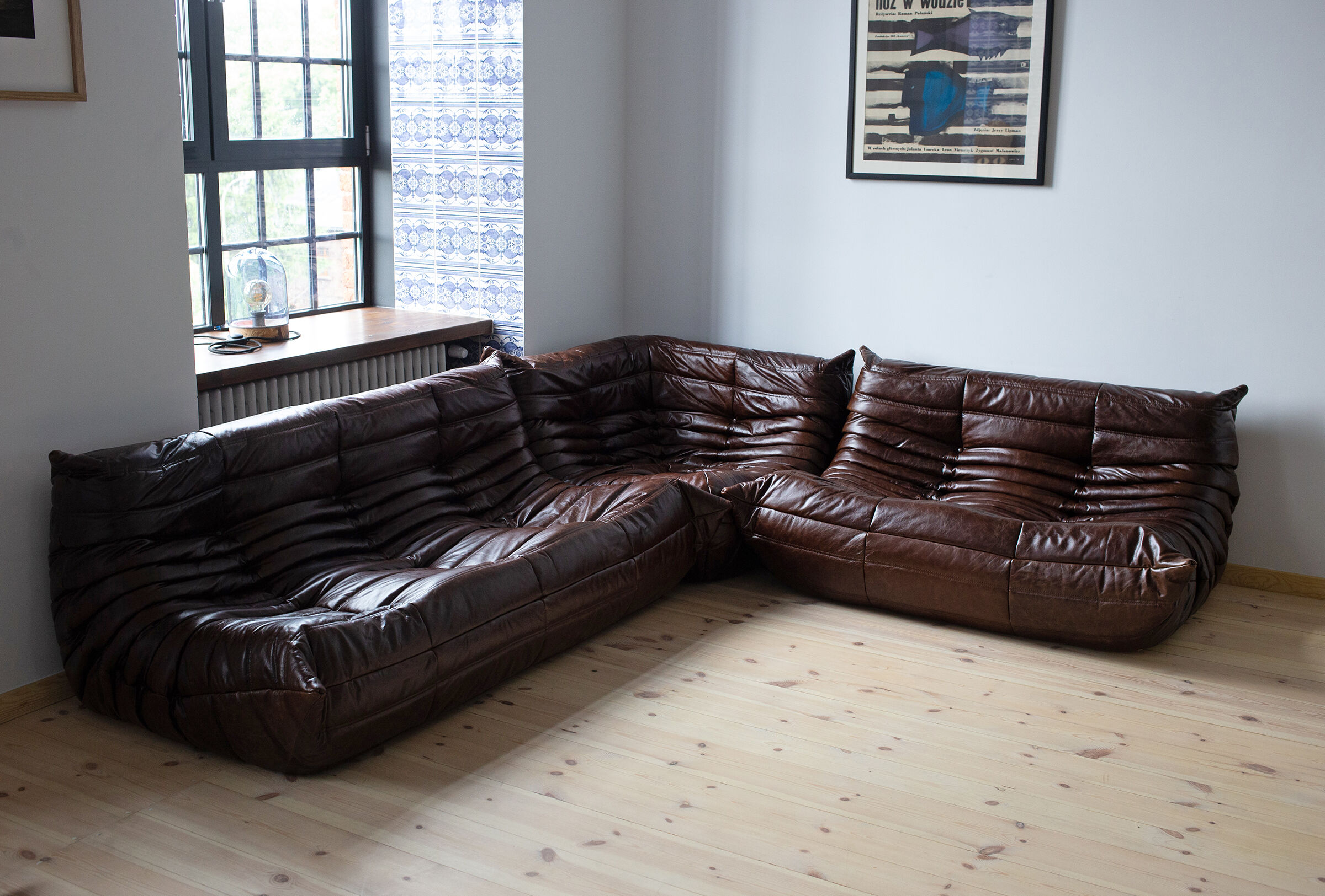 Set of 3 brown leather Togo sofas designed by Michel Ducaroy 1973