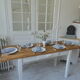 Farm table, leg and belt patinated pearl gray, waxed top medium oak.