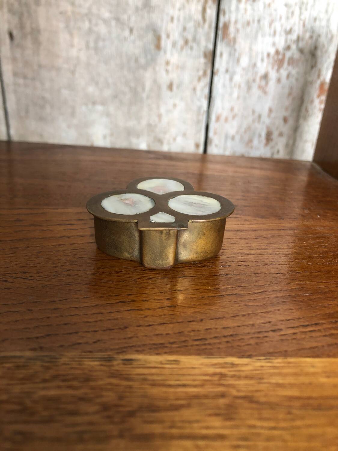 Old Clover Shape Box Brass + Mother-of-Pearl Vintage