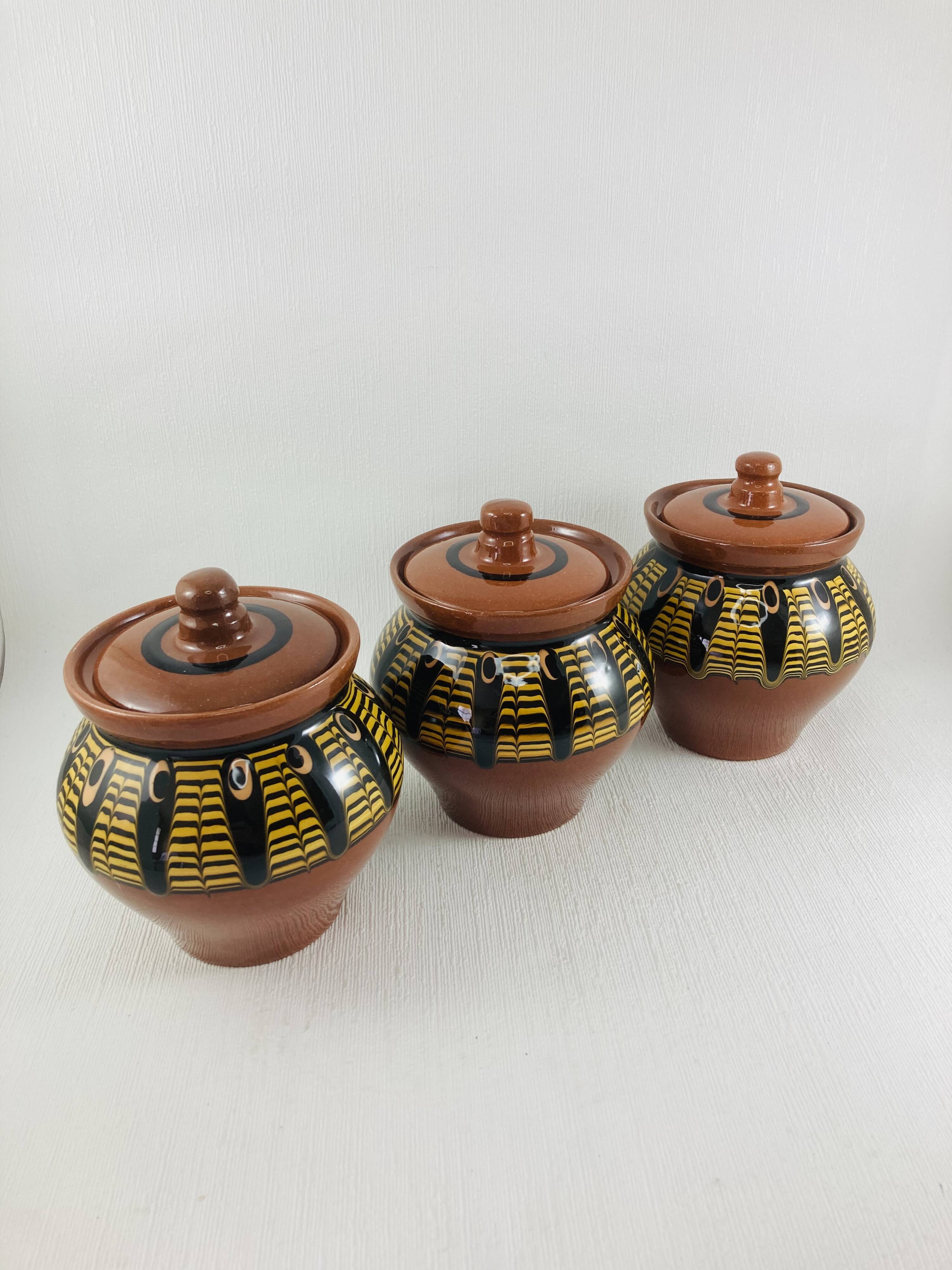 Trio of glazed ceramic pots USSR, peacock feather decoration, 1970