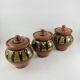Trio of glazed ceramic pots USSR, peacock feather decoration, 1970