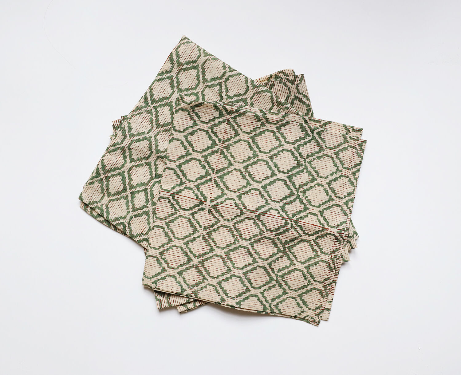 Set of 4 block-print towels with green stripes