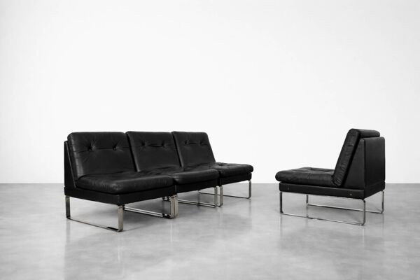Canapé modulaire vintage allemand moderne minimaliste en cuir et chrome du milieu du siècle