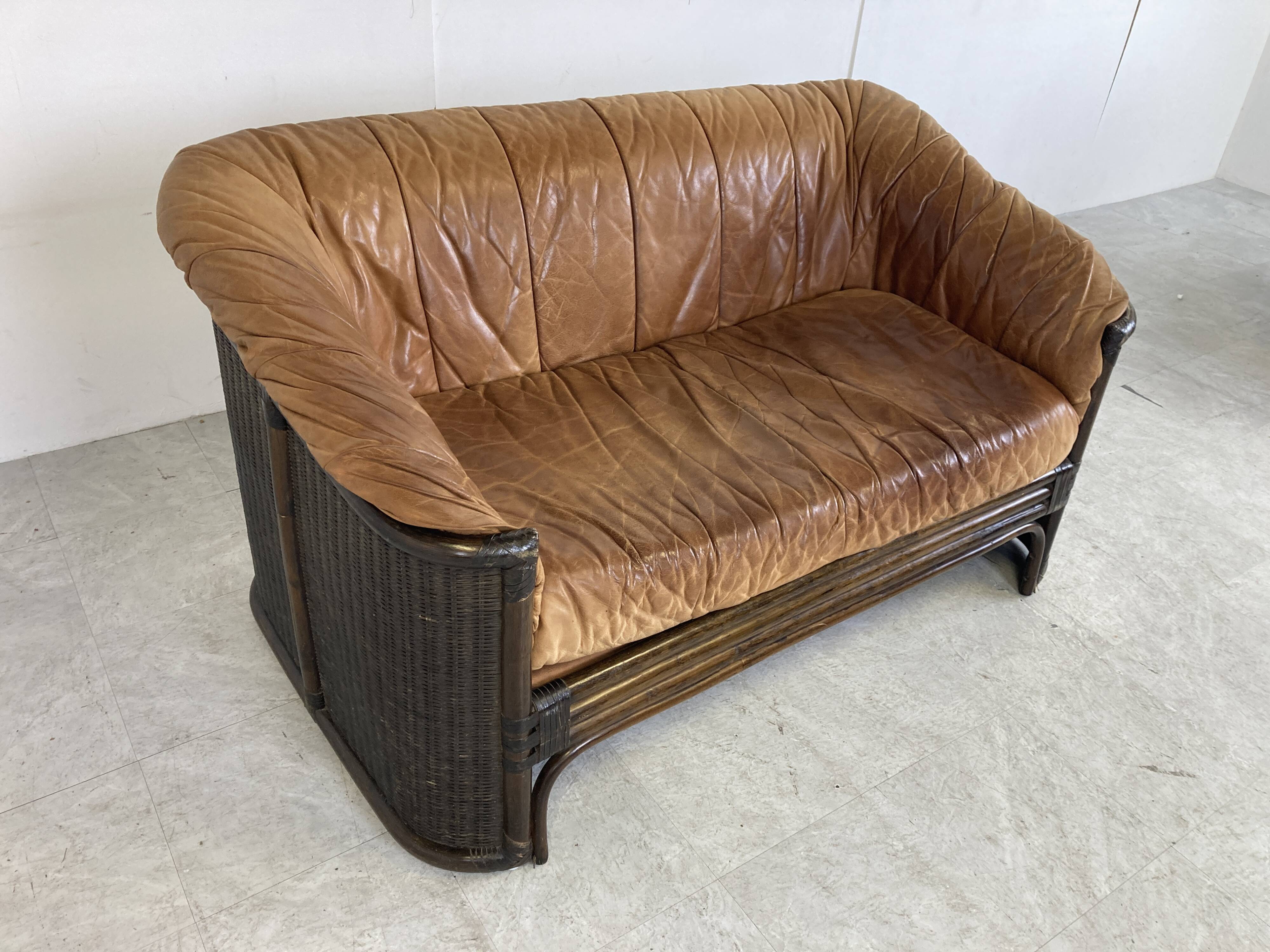 Vintage wicker and leather sofa set 1960s