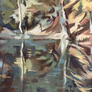 Reflections of trees on the water, oil on canvas signed