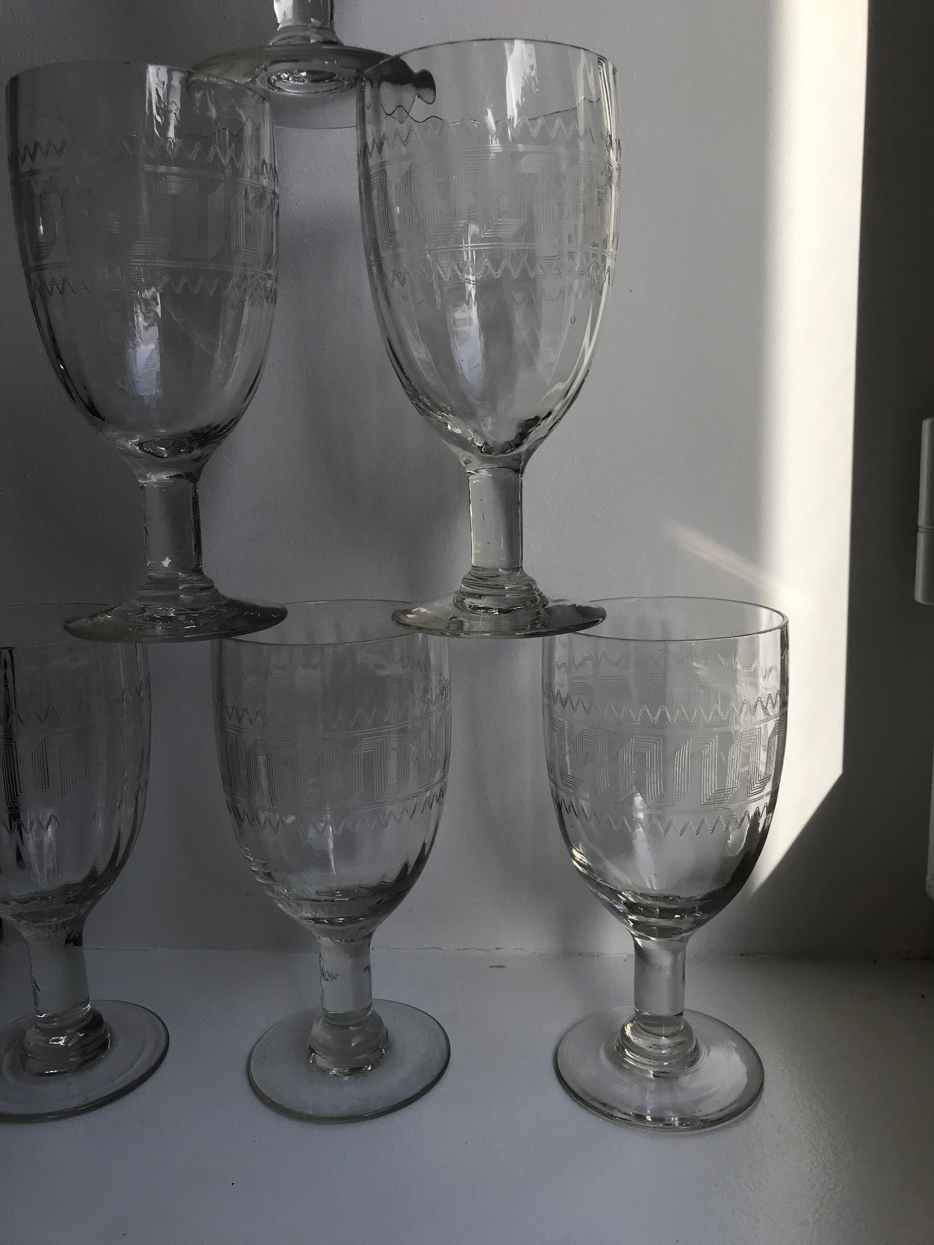set of 6 large crystal wine glasses engraved early twentieth century