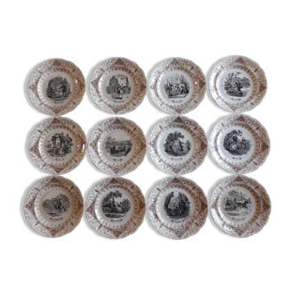 Set of 12 plates in Sarreguemines earthenware - decoration 12 months of the year