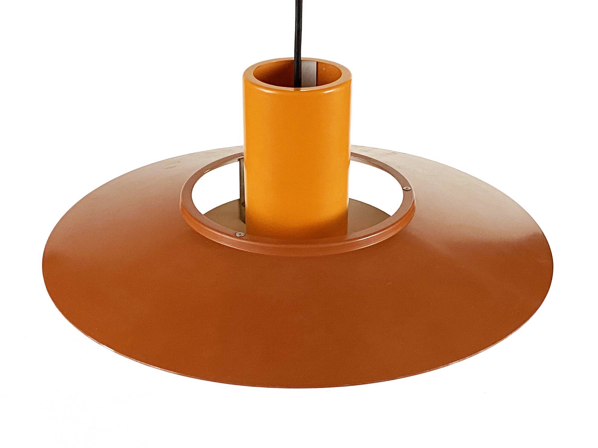 Pendant light "Falcon" two tone orange by Andreas Hansen for Fog & Mørup. Denmark 1960s.