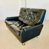 Canapé vintage danois rétro 2 places en cuir noir capitonné, années 1970