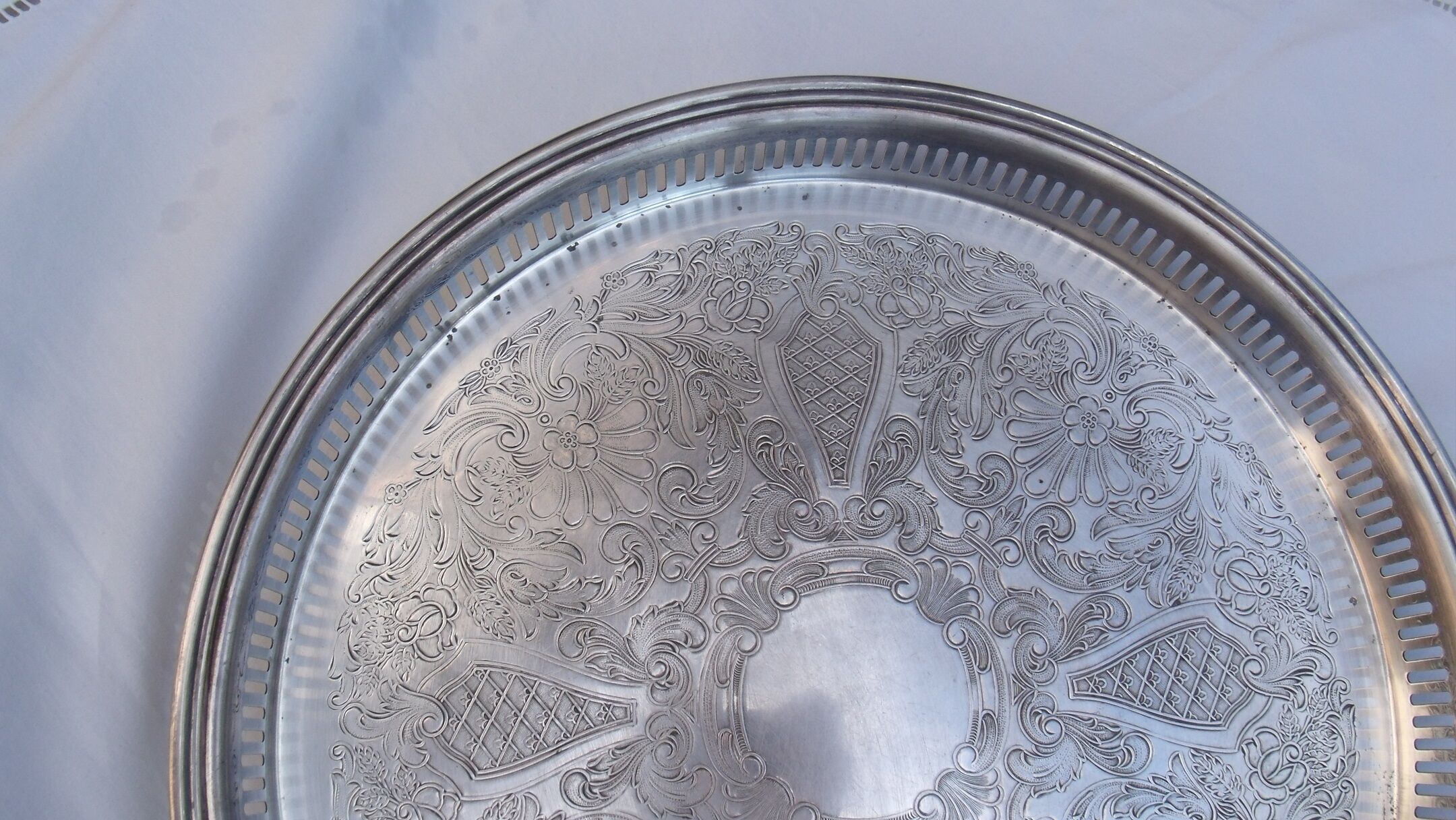 Silver metal serving tray brand flagship openwork border