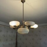 Art Deco brass and glass 5-arm chandelier, Central Europe, 1940s