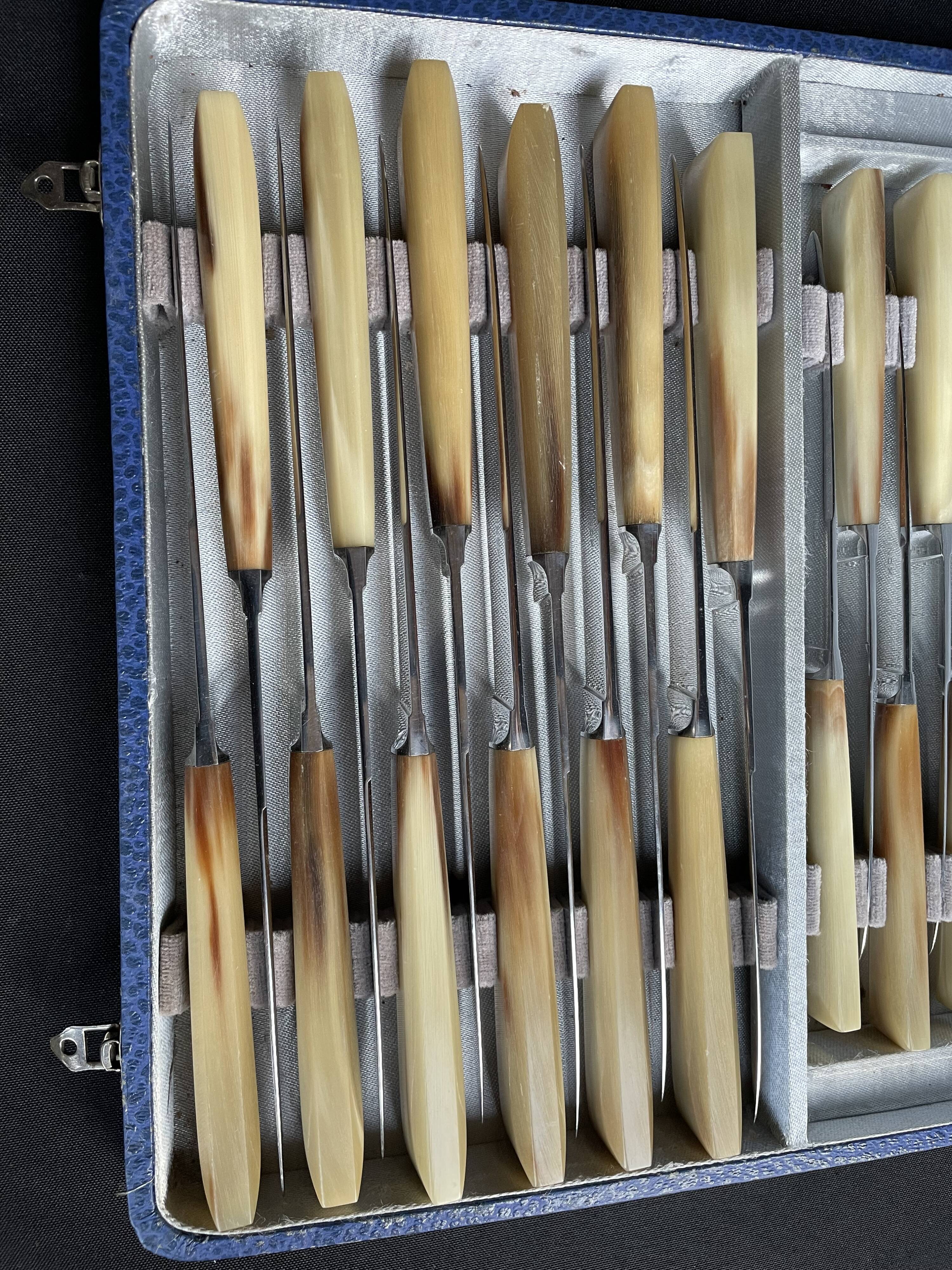 Coffret de 24 couteaux art déco lame inox et manche corne