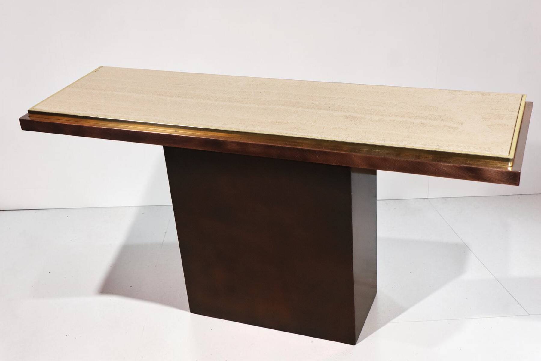 Minimalist console in travertine and patinated metal — 1970s