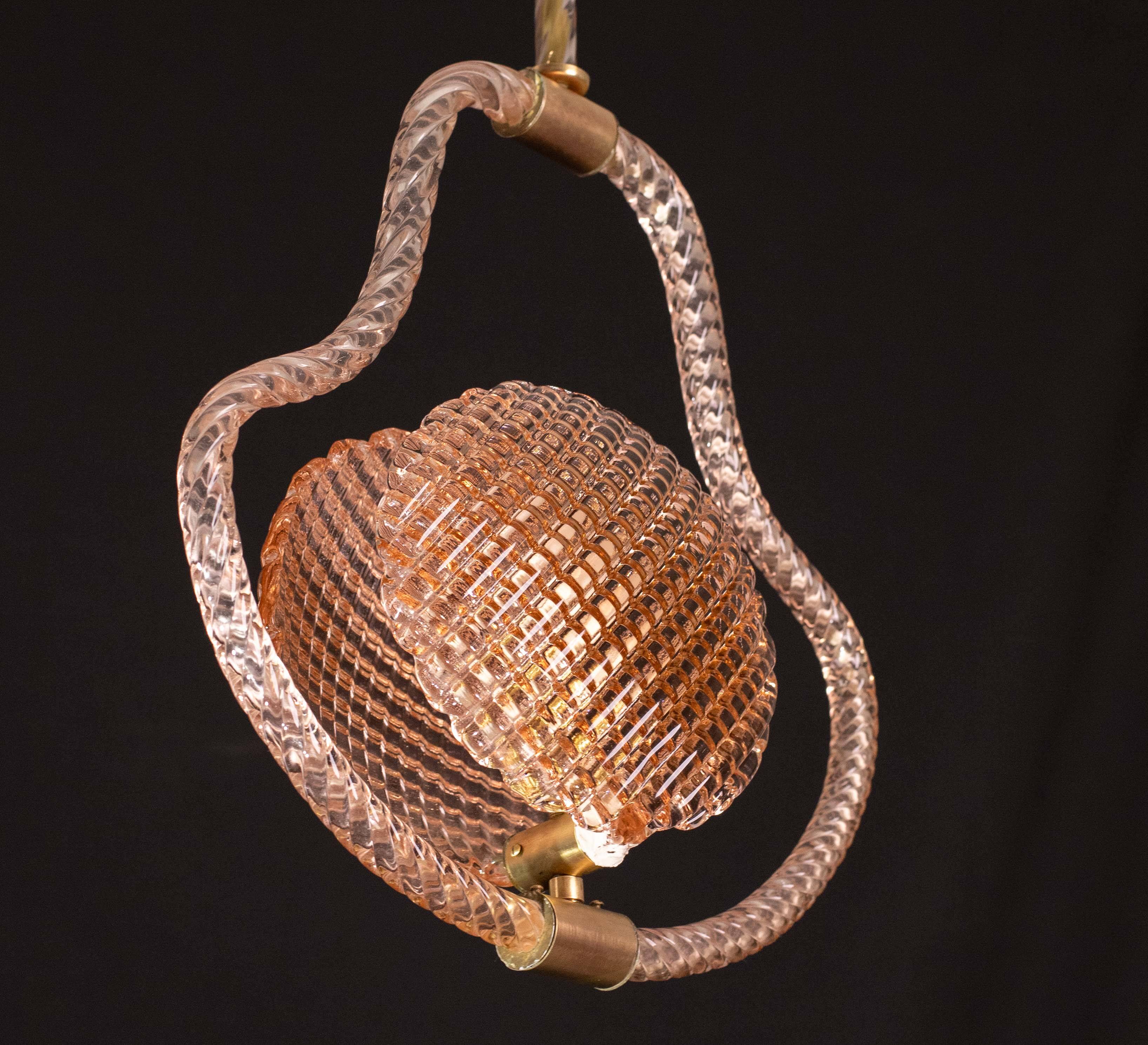 Lustre en verre de Murano rose coquillage du milieu du siècle par Barovier e Toso, années 1950