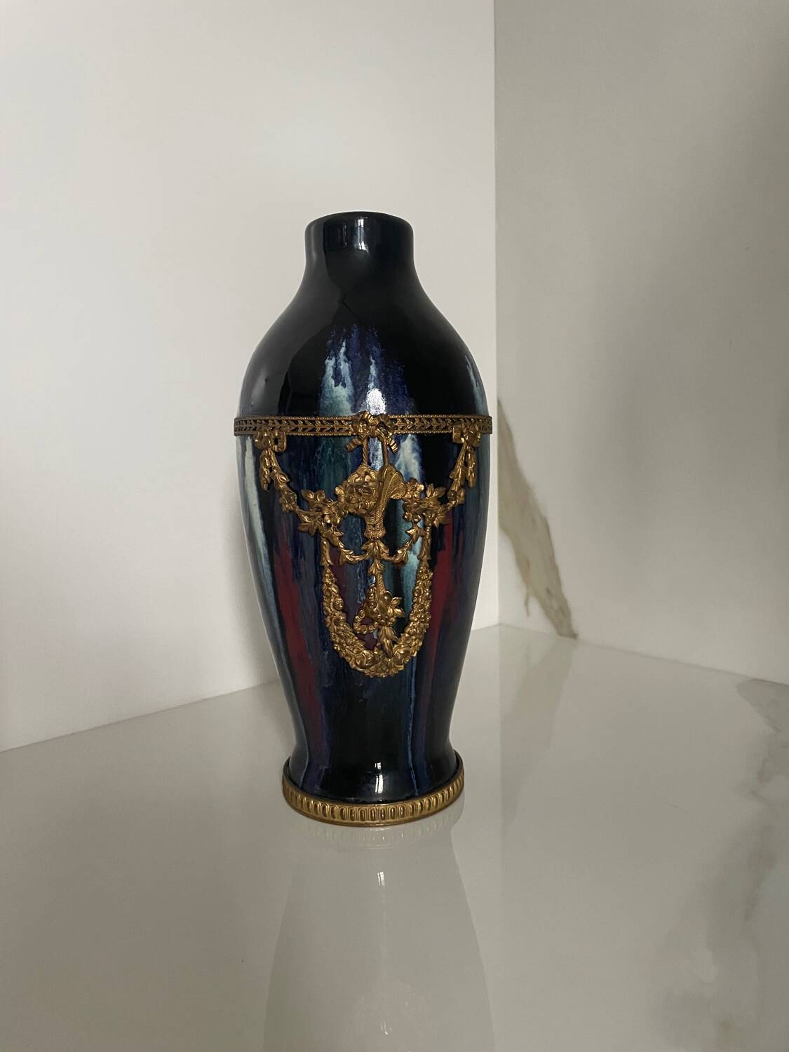 Ceramic vase with enamel drips, brass mount, around 1920, Be
