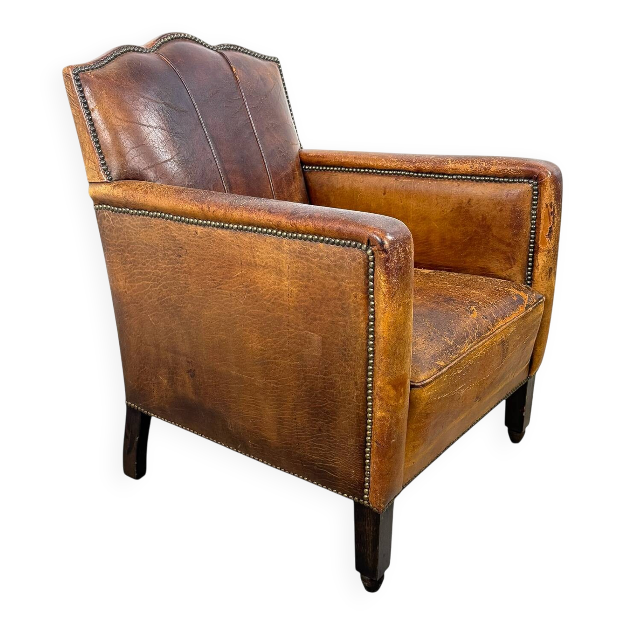 Fauteuil Moustache Français Antique – Fauteuil Club en Cuir Cognac – Début du 20ème siècle
