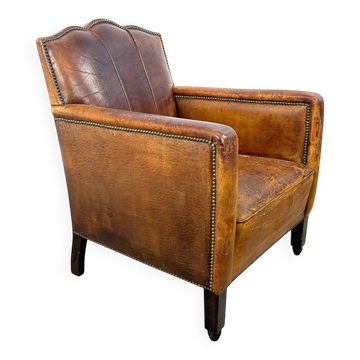 Antique French Moustache Armchair – Cognac Leather Club Chair – Early 20th