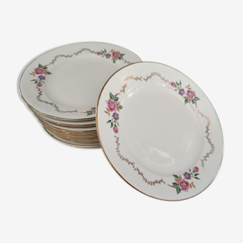 Lot de 12 assiettes à dessert l'Amandinoise frise dorure et roses anciennes