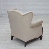 1960s, Danish wingback armchair, furniture velour, carved oak wood.