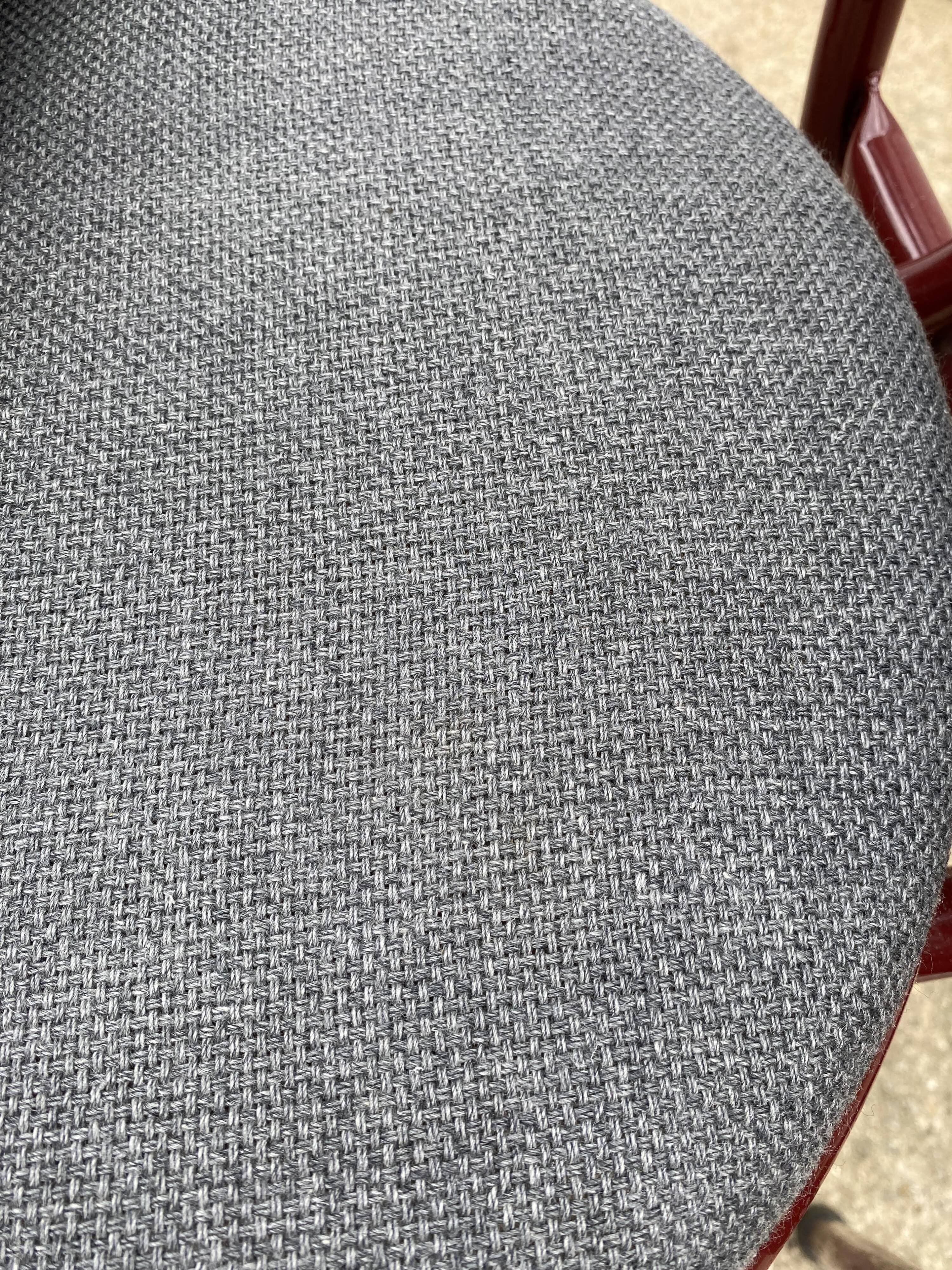 Metallic burgundy bistro chair for restaurants and communities with gray fabric