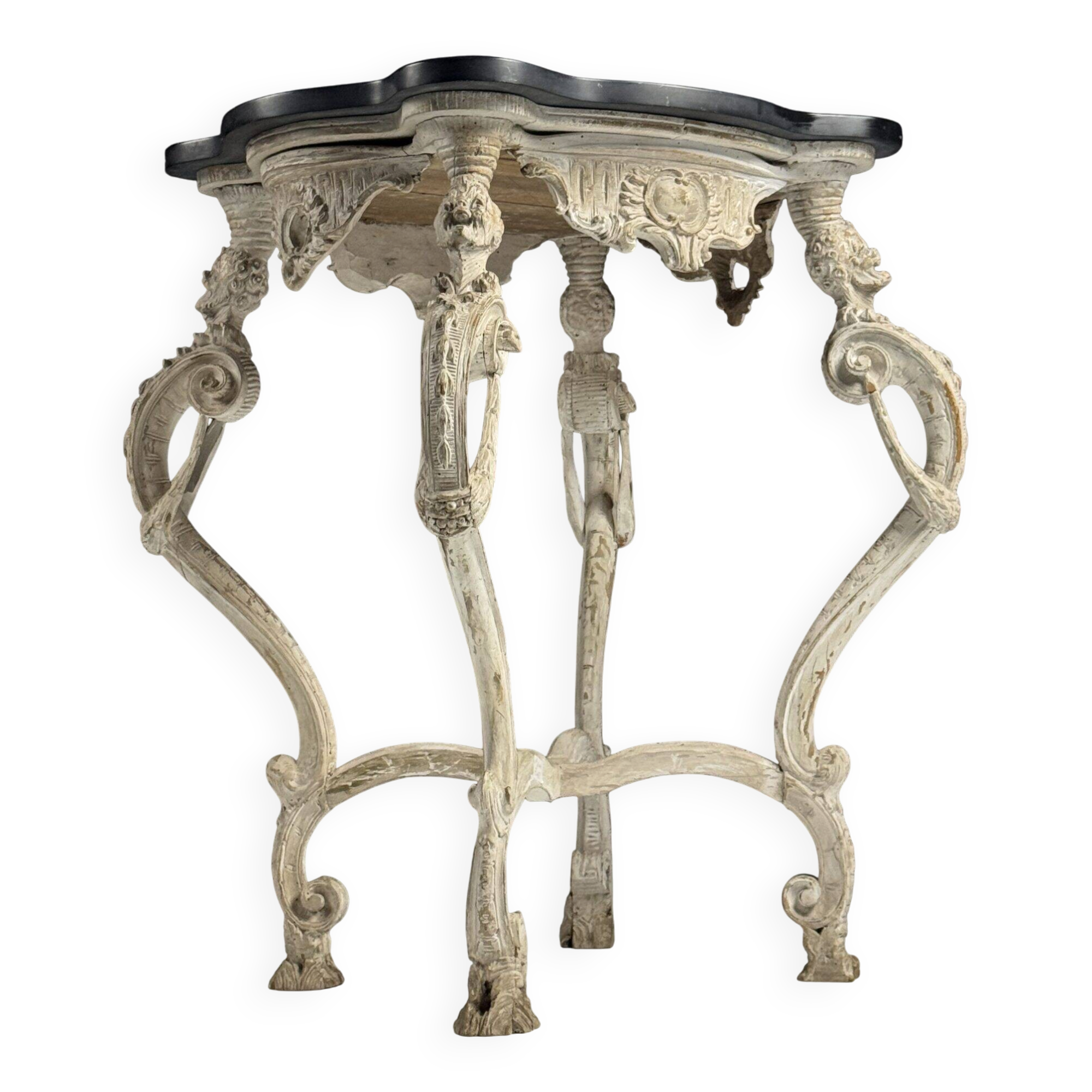 French side table hand-carved wood with marble top