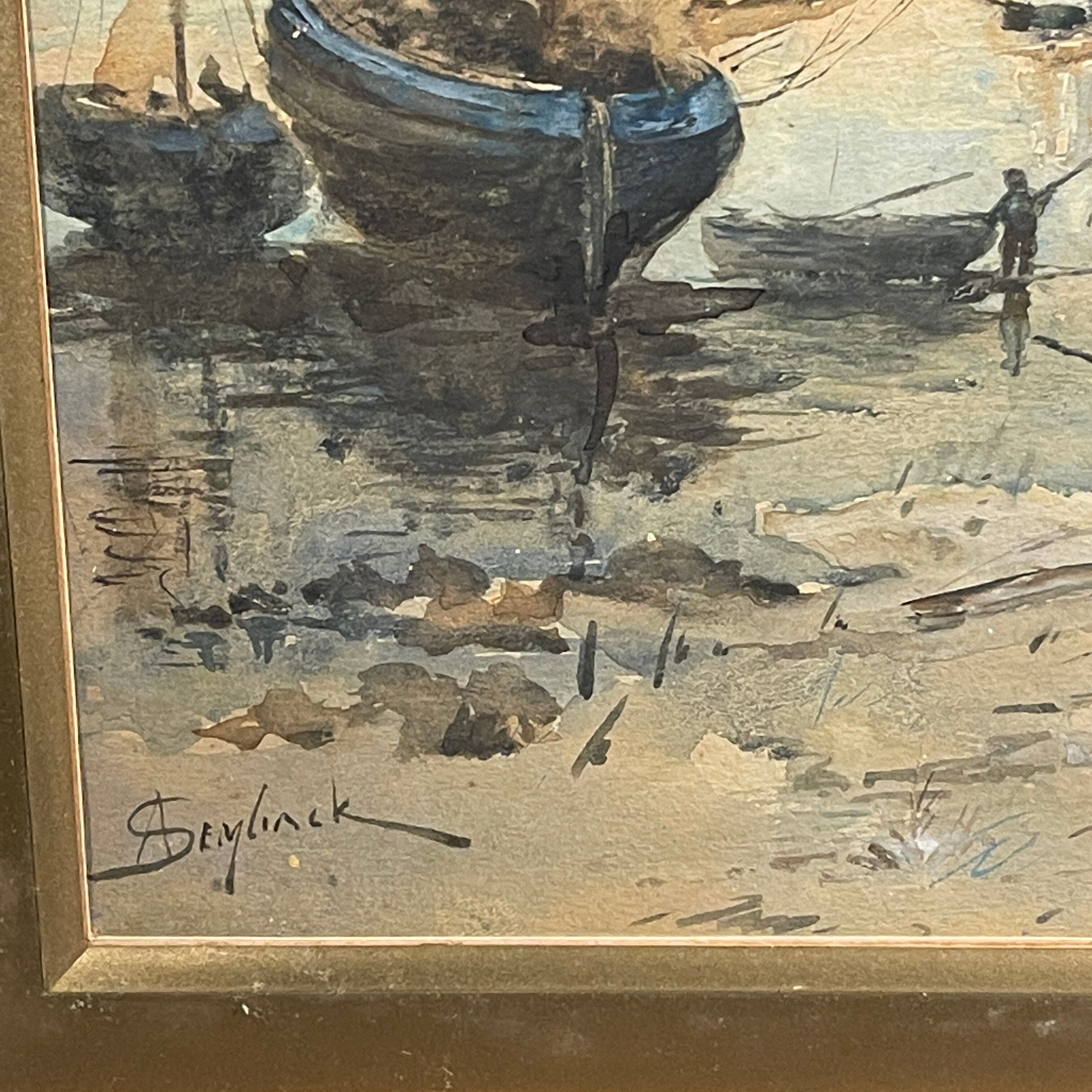 " Boats stranded at low tide " by A. Semlinck, Aquarelle Marine, Bateaux Voiliers, ca 1910