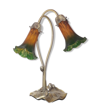 Lampe nénuphar en laiton et pâte de verre, style art nouveau. | Selency