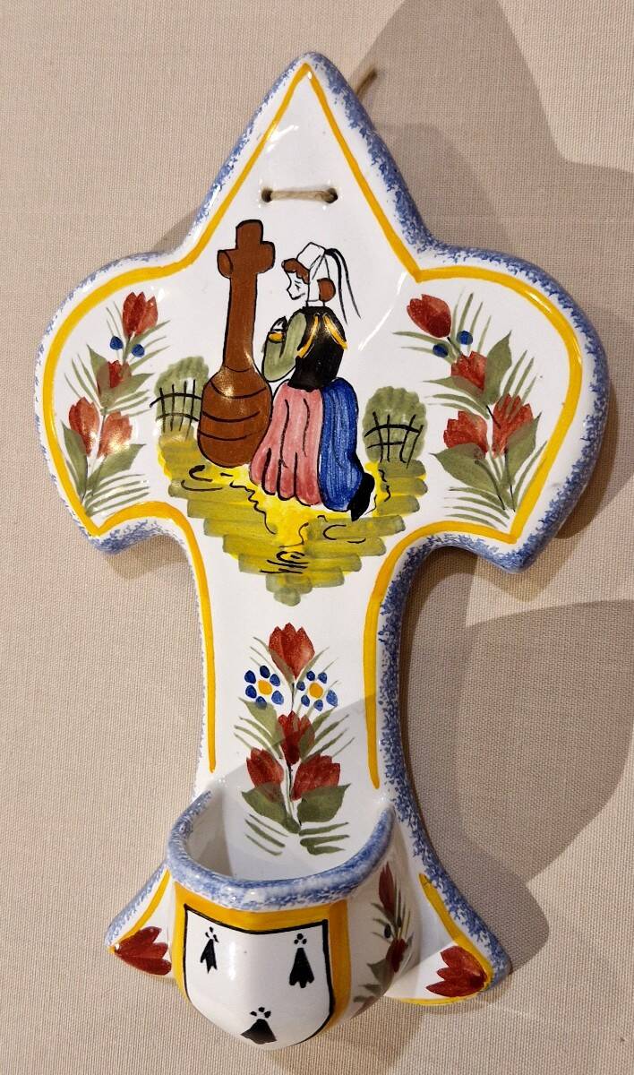 Henriot Quimper faience holy water font 20th century