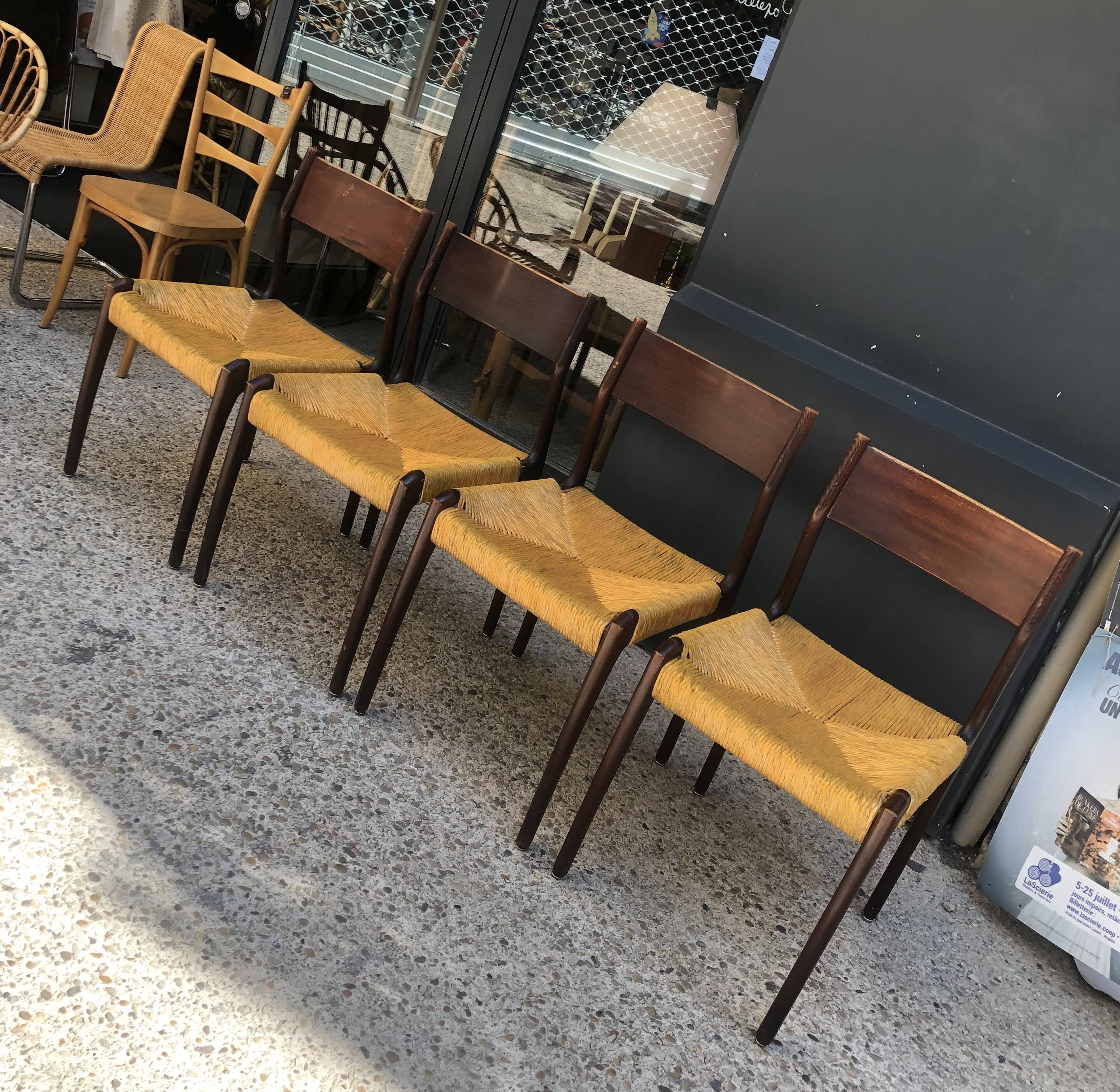 4 beautiful Scandinavian wood and straw chairs