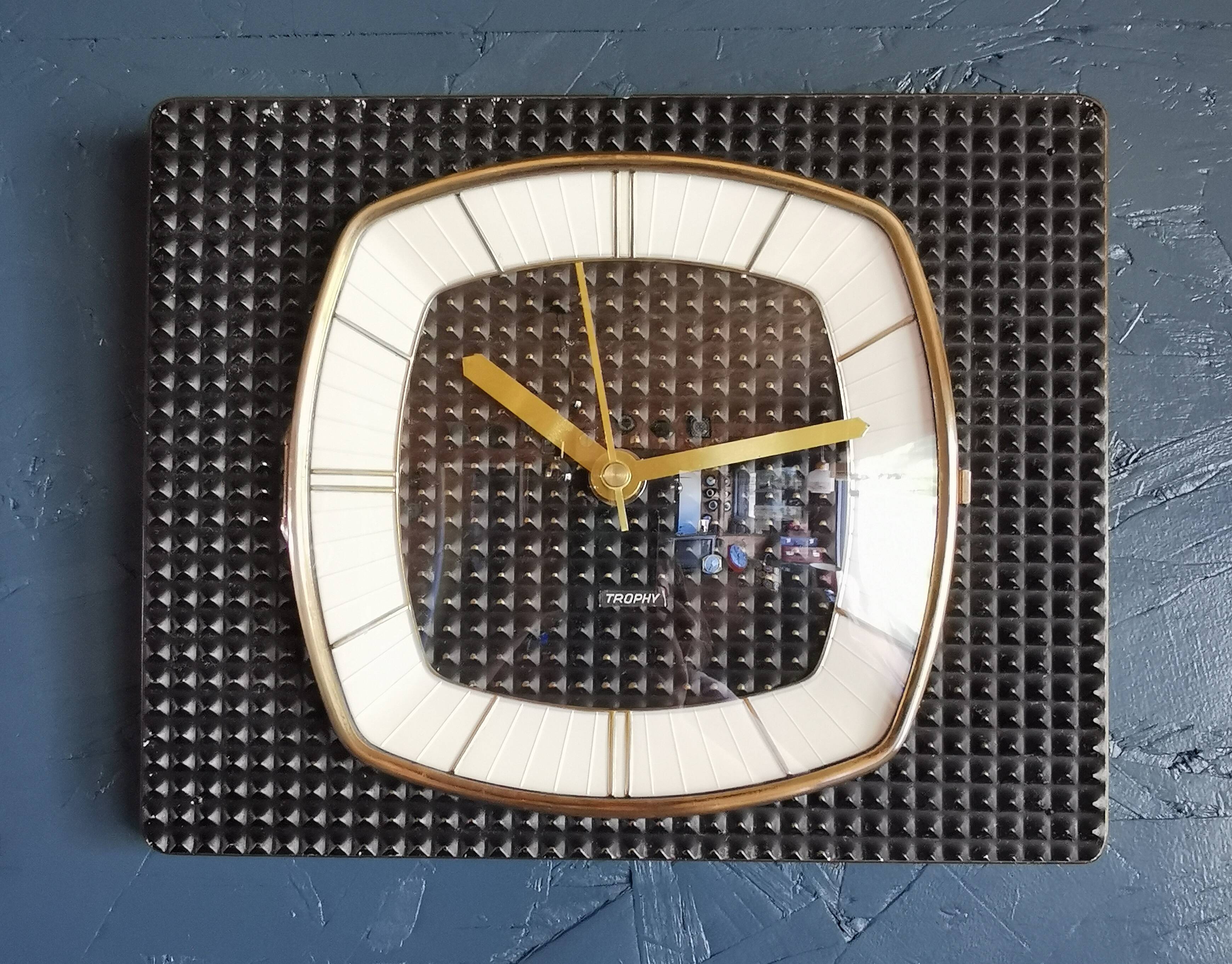 Vintage formica clock rectangular silent wall pendulum "Trophy black reliefs"